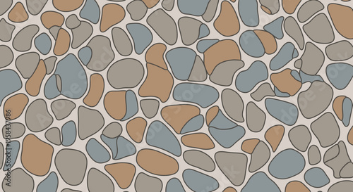 Seamless pattern of smooth, irregularly shaped pebbles in earthy tones of brown, blue-grey, and light grey, creating a natural, decorative background texture.