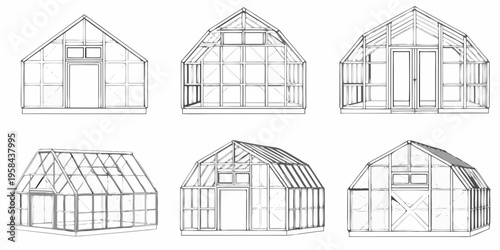 Line drawing of six different greenhouse designs variations in roof style