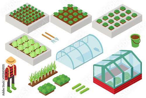Isometric garden elements including raised beds greenhouse and a gardener
