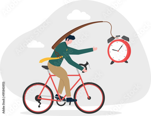 Businessman riding a bicycle chasing a red alarm clock target