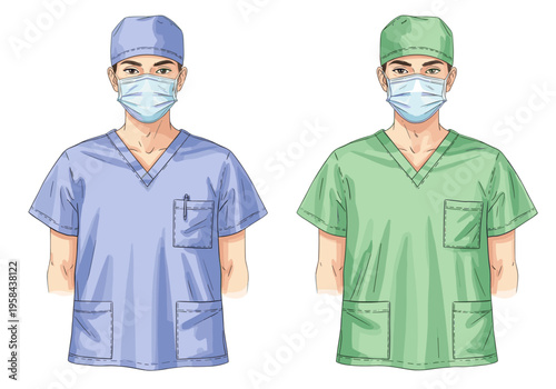 Two male medical professionals in scrubs and face masks, one in blue, one in green