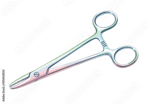 Surgical hemostat clamp with serrated jaws and finger rings on a white background