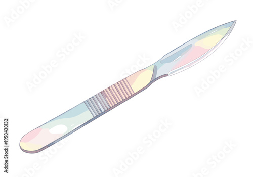 Delicate surgical scalpel with a rainbow-colored metallic sheen on its blade
