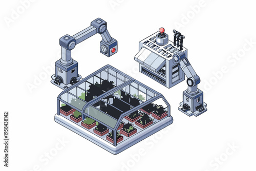 Automated greenhouse featuring robotic arms and plant cultivation systems