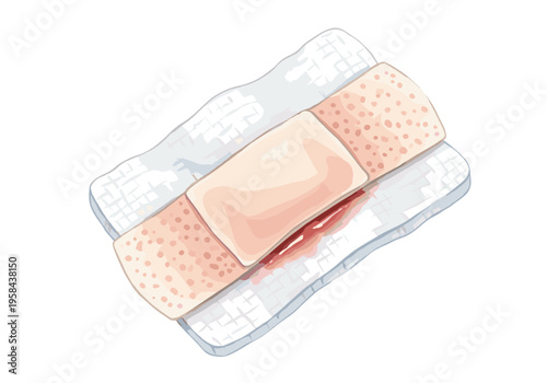 Close-up illustration of a bloody bandage and gauze pad on a white background