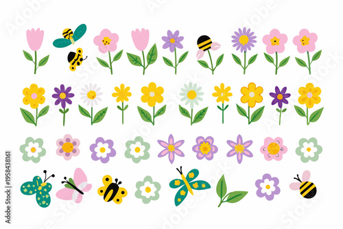 Colorful illustration of flowers bees and a butterfly on a white background
