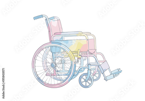 Artistic watercolor illustration of a wheelchair with pastel colors on a white background