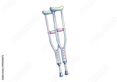 Pair of adjustable medical crutches with pastel colored handles on white background