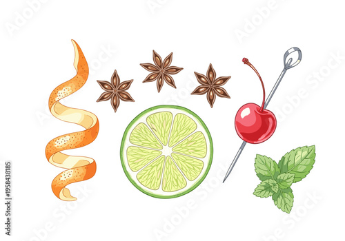 Cocktail garnishes including orange peel, lime slice, star anise, cherry, and mint