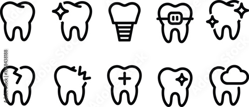 Black and white dental vector icons showing teeth conditions, braces, implants, whitening, toothache, broken tooth, and dental treatment symbols
