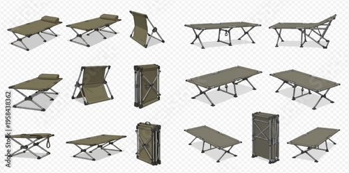Set of military folding cots in various positions, including folded and unfolded, for camping and outdoor use.