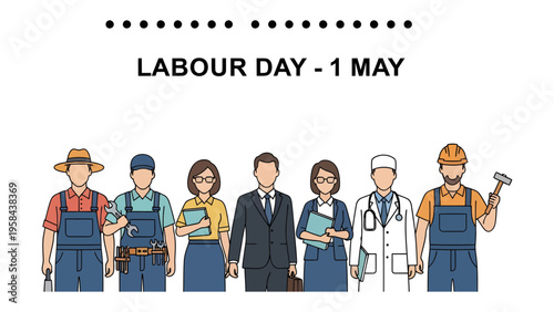 Labour Day Illustration: Celebrating International Worker's Day, this illustration features a diverse group of individuals representing various professions.