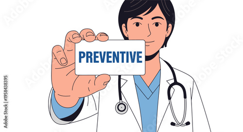Male doctor holding a card with the word PREVENTIVE, medical concept