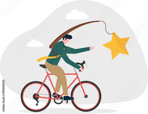 Professional man riding a bicycle chasing a giant yellow star