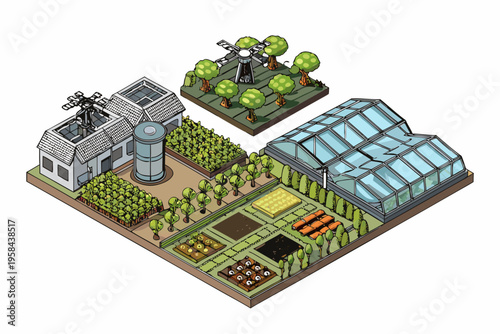 Isometric illustration of a small sustainable village with buildings and gardens