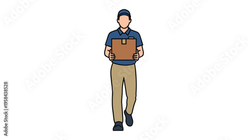 Delivery Person with Package: An illustration shows a delivery person wearing a blue shirt and tan pants, carrying a cardboard box. The person is walking forward with arms extended.