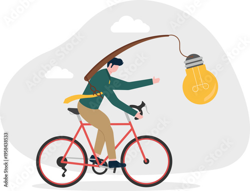Professional man riding a bicycle chasing a creative idea lightbulb