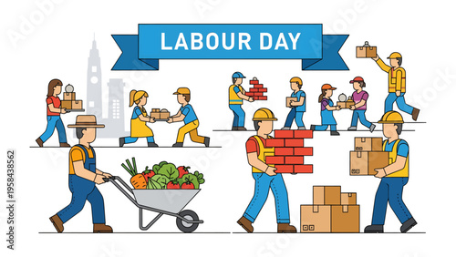 Celebrating Labor Day: A diverse group of workers is actively involved in constructing and delivering goods, embodying the spirit of Labor Day. The image shows the dedication.