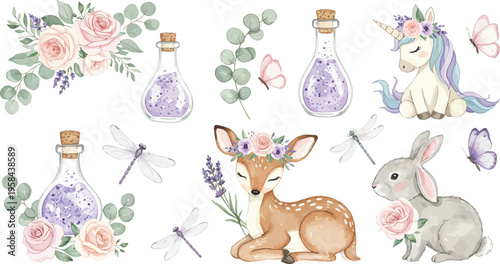 Vector illustration of a set of Easter rabbits with eggs and a glass bottle of liquid design