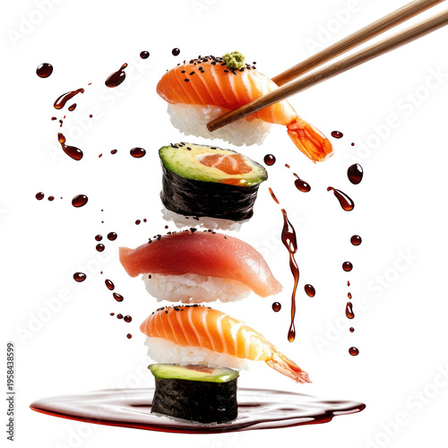 A plate of sushi with chopsticks picking up a piece on transparent background