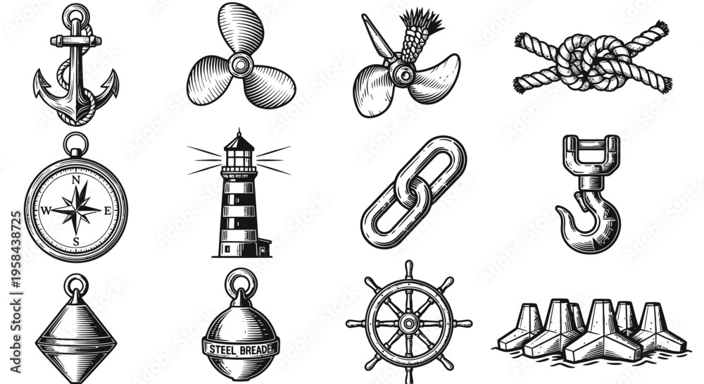 Fototapeta premium Vintage Nautical Marine and Harbor Element Vector Set