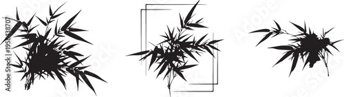 Distressed Grunge Bamboo Leaves Silhouette Set with Splatter Ink Texture