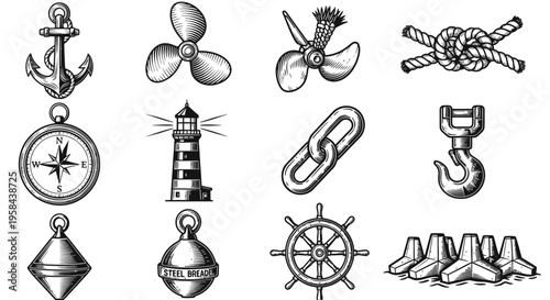 Vintage Nautical Marine and Harbor Element Vector Set