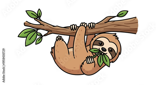 A cartoon sloth hangs upside down on a tree branch eating green leaves peacefully.