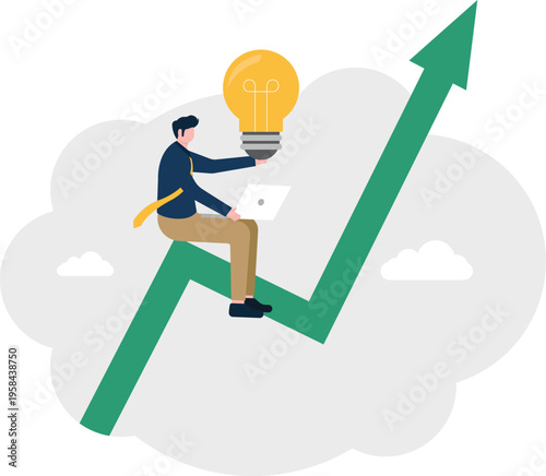 Businessman sitting on a growing green arrow holding a lightbulb