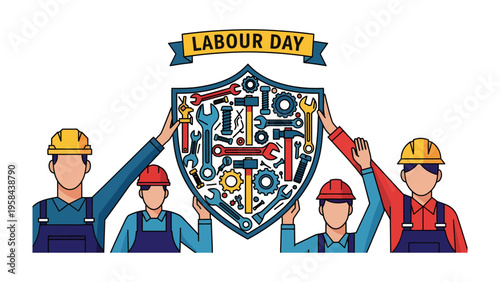 Labour Day Tribute: Symbolizing the hard work and dedication of the workforce, featuring a group of construction worker and shield with tool.  A graphic illustration to celebrate Labor Day.