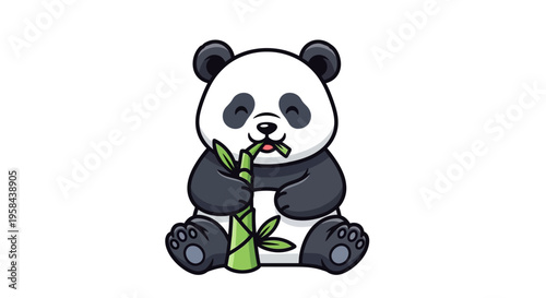 A cute cartoon panda eats bamboo in a natural outdoor setting.