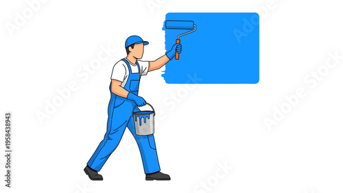 Painter at Work: A painter, clad in blue overalls and a matching cap, meticulously applies vibrant paint to a surface with a roller, showcasing the essence of home improvement and artistic creation. 