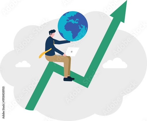 Businessman sitting on a growth arrow holding a giant earth globe