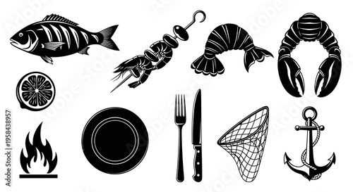 Seafood Restaurant and Fishing Industry Illustration Set