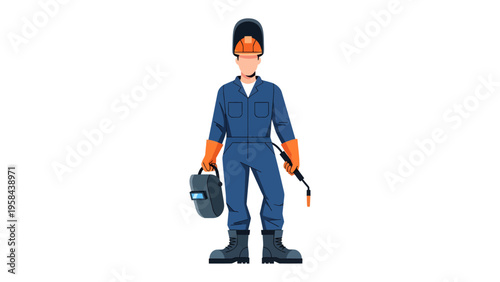 Welder at Work: A skilled welder stands confidently, poised for work with his gear, symbolizing industrial craftsmanship and precision.