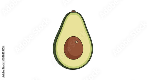 The halved avocado with brown seed sits on a white background.