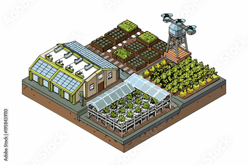 Isometric illustration of a futuristic farm with greenhouses and a tower