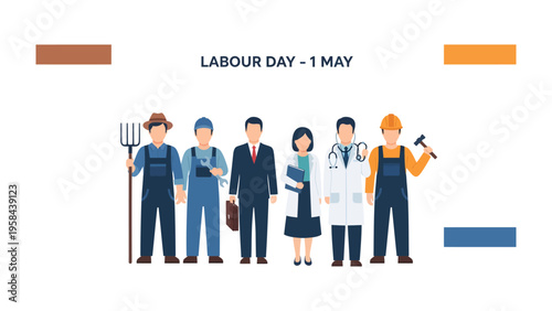 Labour Day Celebration: A diverse group of essential workers stand united in celebration of Labour Day, representing various professions, including farming, construction, and healthcare.