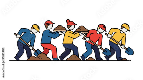 Teamwork Earthmovers: A line of industrious workers collaborates, shoveling soil with synchronized precision, symbolizing unity and shared effort in a construction or landscaping project.