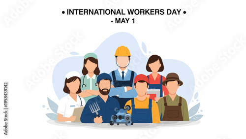 International Workers Day: A diverse group of essential workers gather in a symbol of appreciation for labor. This illustration embodies solidarity.