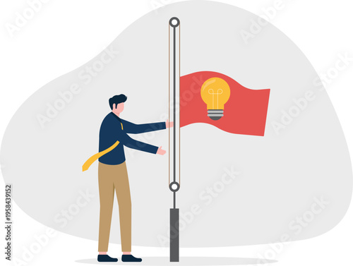 Professional man raising a flagpole with a lightbulb idea flag