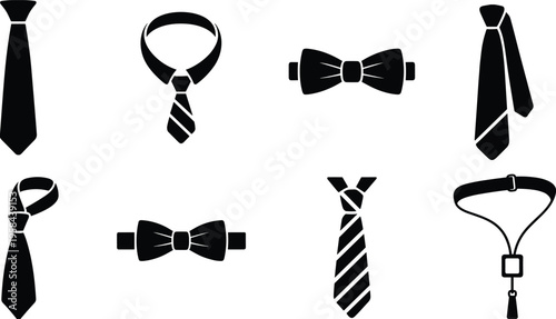 Black silhouette vector icons showing different neckwear styles including neckties, bow ties, bolo ties, striped ties, and formal fashion accessories