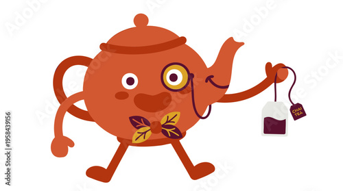 Charming Cartoon Teapot Character with Monocle and Leaf Bow Tie Holding Chai Tea Bag, a Whimsical Beverage Industry Illustration in Flat Vector Graphic Style on White