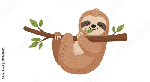 A cute sloth hangs on a tree branch eating a leaf happily alone.