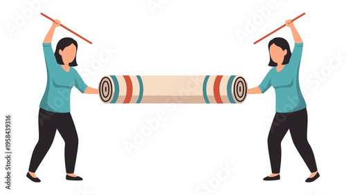 Struggle Over the Rug: Two individuals engage in a comical tug-of-war over a rolled-up rug, each wielding a stick and displaying determination.