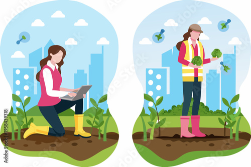 Sustainable future woman working with technology and nurturing plant growth