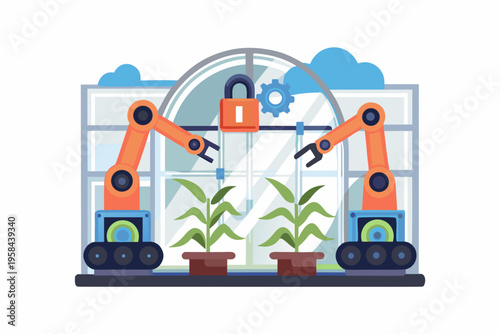 Robotic arms tending to plants inside a futuristic greenhouse structure