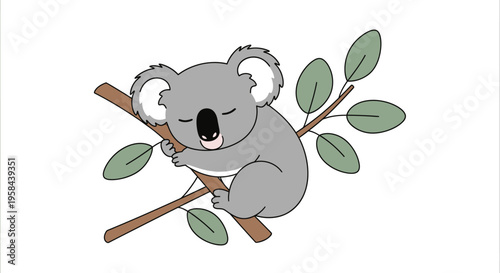 A cartoon koala sleeps peacefully on a eucalyptus tree branch outdoors.