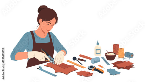 Artisan Crafting Leather: An artisan meticulously shapes a piece of brown leather with specialized tools, creating unique and handcrafted items.