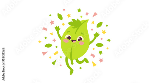 Happy Tea Leaf Character Jumping Confetti, Herbal Drink Wellness, Flat Cartoon Pastel Vector, Isolated White Background